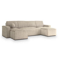 WOHNLANDSCHAFT PESANO T Creme Kordstoff mit Schlaffunktion - Creme, Holz (306/85/140cm) - MASSENO