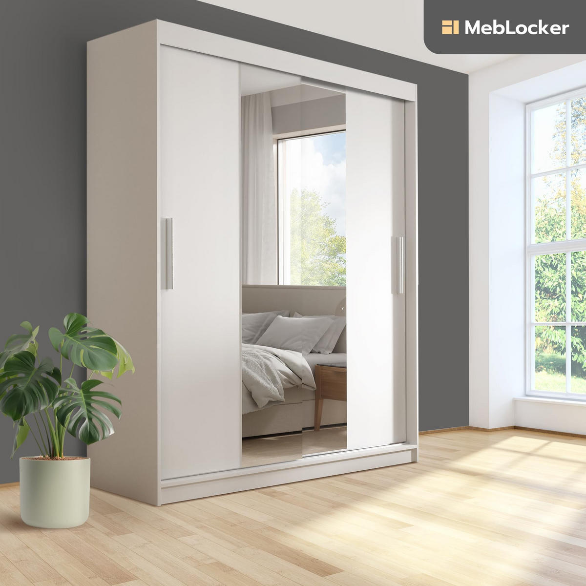 SCHIEBETÜRENSCHRANK mit Spiegel Weiß - Weiß, Holzwerkstoff (215.5/180/59cm) - MebLocker