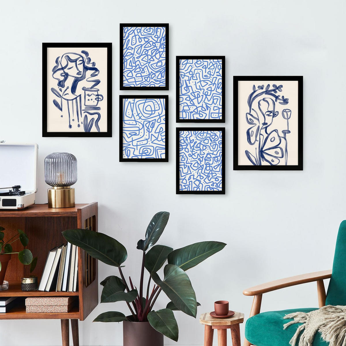 POSTER Set Mit 6 Junge Im Rahmen In Weibliche Zusammenfassung Ästhetische Dekorative Gemälde Für Ihr Wohnzimmer Zuhause A3 & A4 Schwarzer Rahmen - Schwarz, Papier (29/3cm) - Nacnic