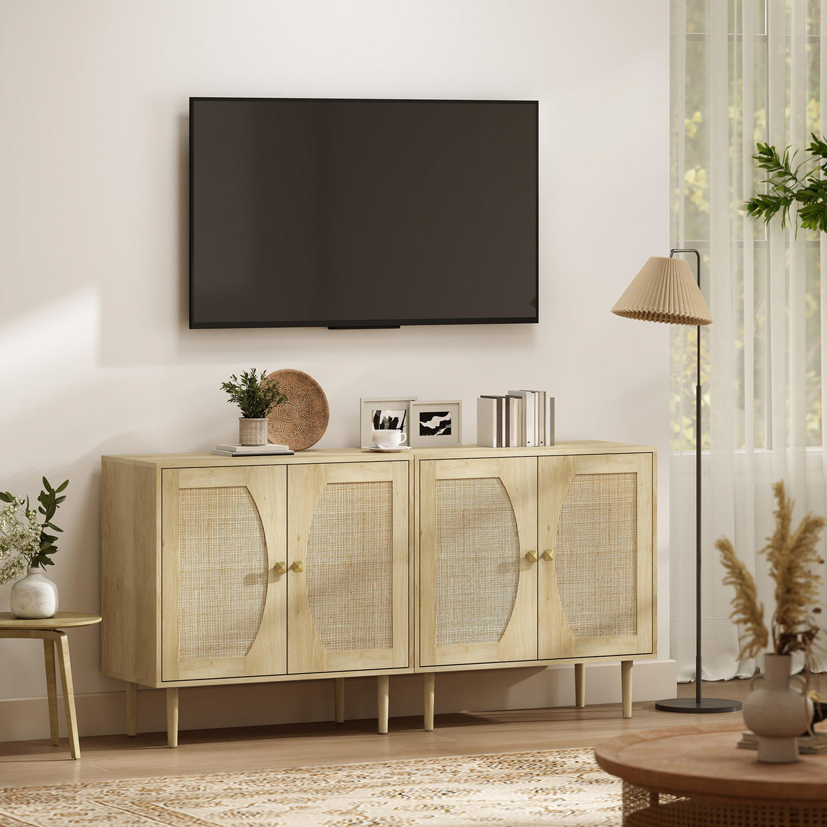 SIDEBOARD DE-11247 2 Türen mit Rattan-Front Naturholz - Naturfarben, Holzwerkstoff (80/79/38cm) - ComfortXL