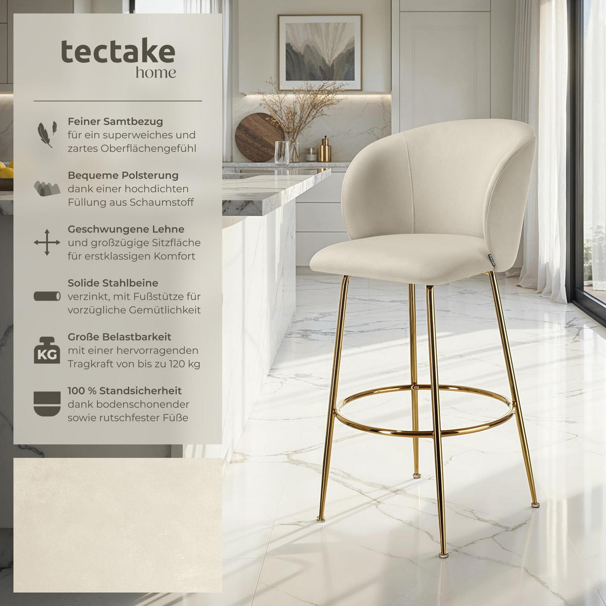 BARSTUHL Luana,51 x 60 x 106 cm, Belastbarkeit 120 kg,creme/gold - Goldfarben/Creme, Kunststoff (51/106/60cm) - tectake