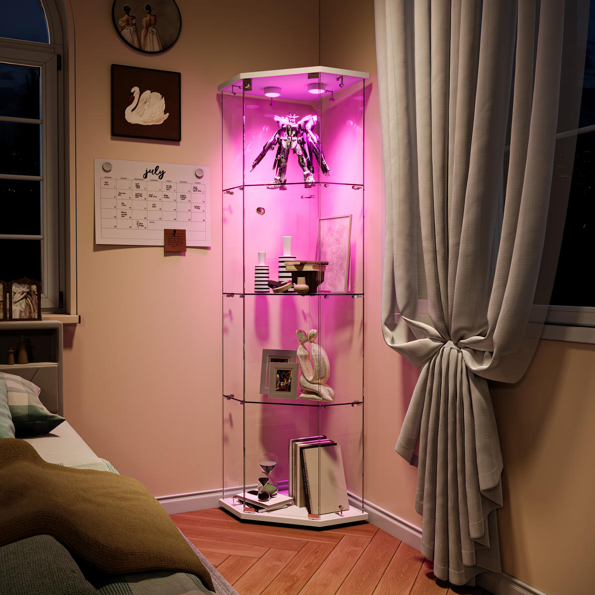 GLASVITRINE 162x60x45 cm freistehend 4 Ablagen LED weiß - Weiß, Holz (60/162/40cm) - Fortuna Lai
