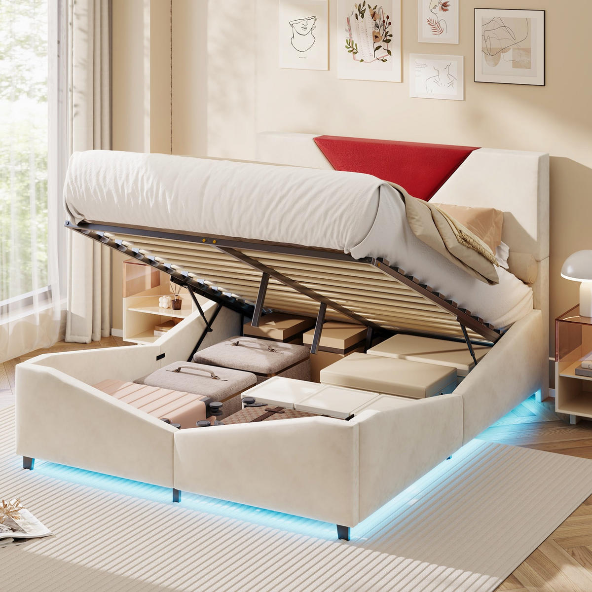 POLSTERBETT 140x200 cm - Zweifarbiges Dreiecksdesign in Bordeaux, LED-Kopfteil ajustable, Samtstoff, Moderner und schlichter Stil - Beige - Beige, Holzwerkstoff (140/200cm) - Brevoria
