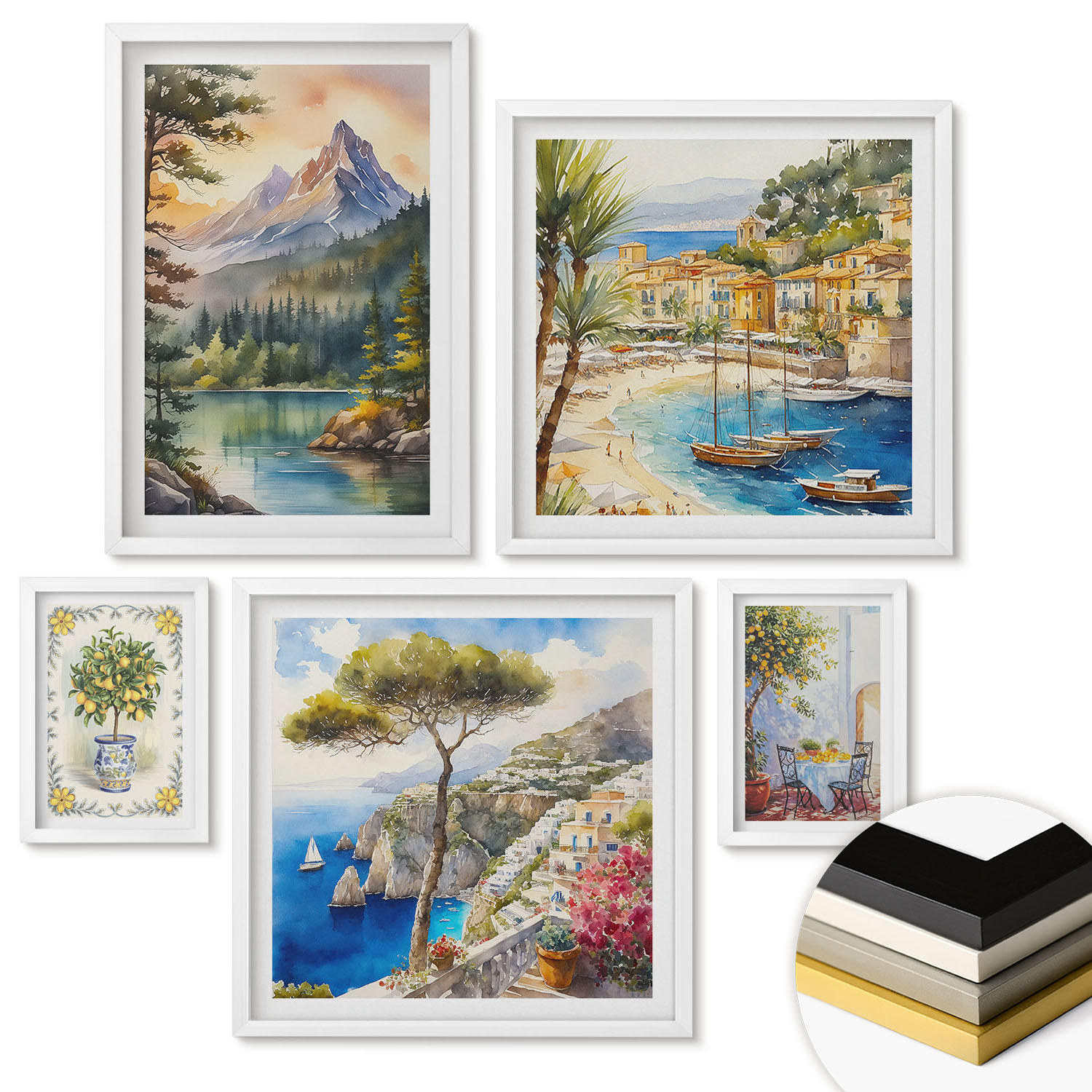 WANDBILDER 5er-Set - 50x50 cm & 20x30 cm & 40x60 cm Weißer Rahmen - Zitrusfrüchte aus Italien - Weiß, Kunststoff (40/60cm) - ArtPrintCave