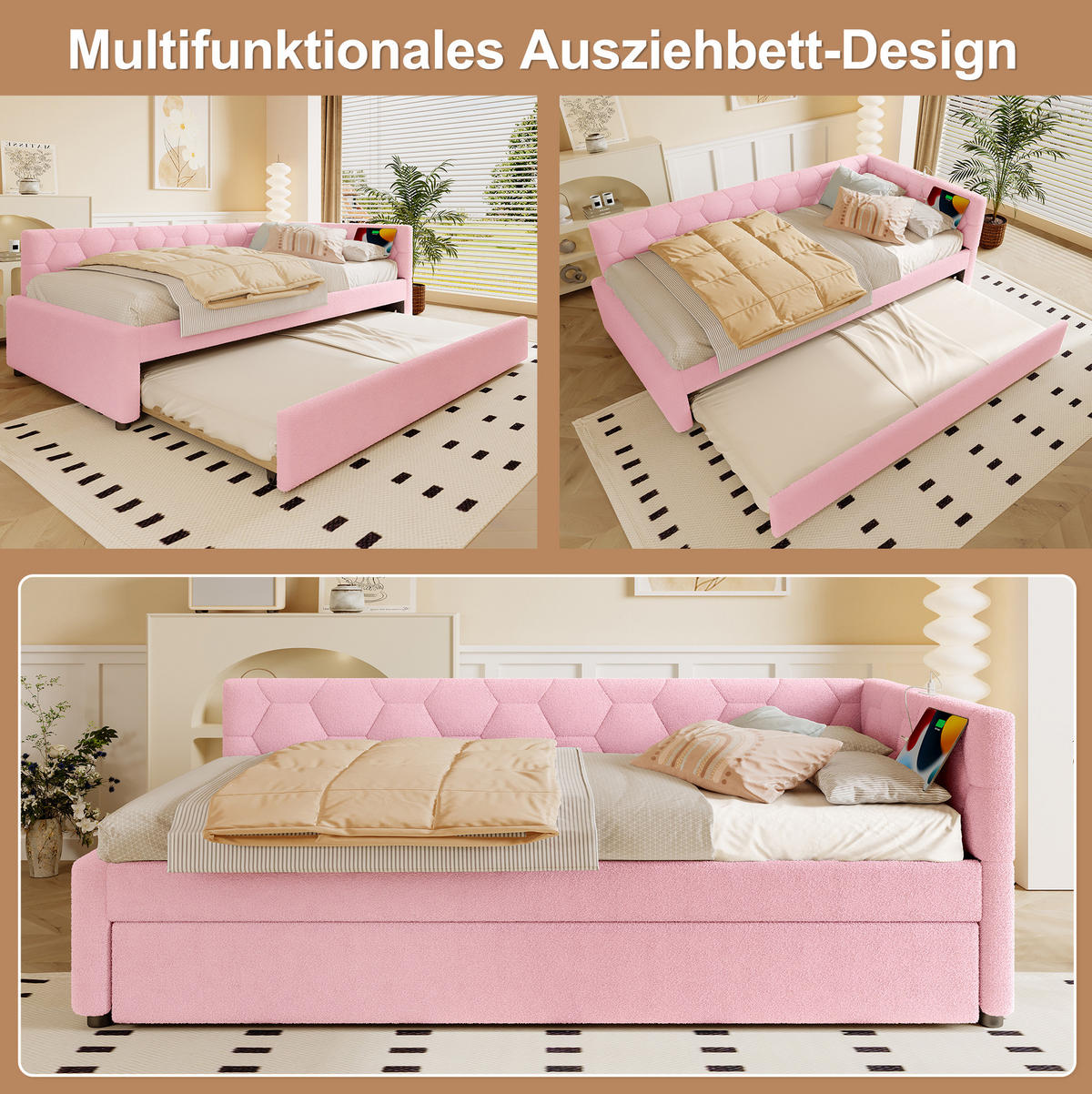 TAGESBETT 90/200 cm Rosa mit Ausziehbett, USB und Typ-C - Rosa, Textil (90/200cm) - MIVRAY