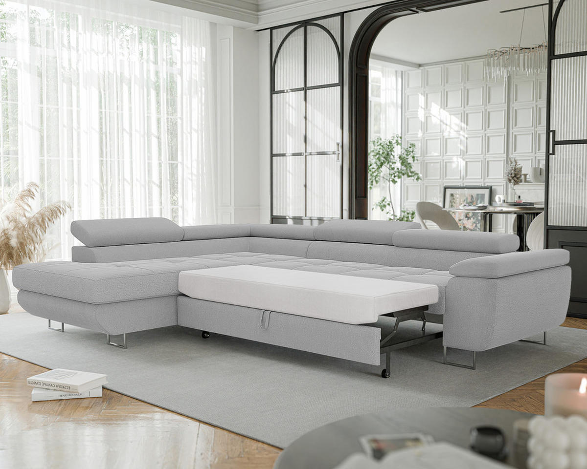 ECKSOFA ANTON links, mit Schlaffunktion und Bettkasten Hellgrau - Hellgrau, Holzwerkstoff/Kunststoff (274/203cm) - Idohome