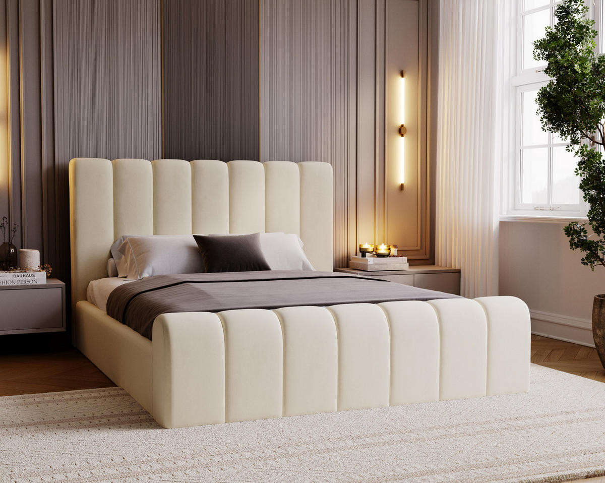 DOPPELBETT 160x200 Valetta mit Bettkasten, Velvet Vanille - Beige, Holz/Textil (160/200cm) - Emporius