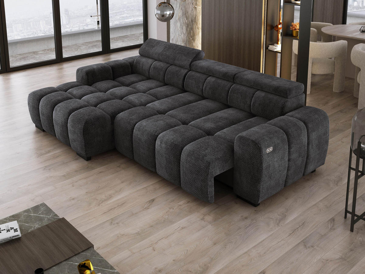 ECKSOFA OMBO 285x168x77/97 cm, Links, Schlaffunktion, elektr. Sitz, Kopfstützen, hydrophober EDEN-Stoff – Schwarz - Schwarz, Holz/Textil (168/285cm) - DomoHome