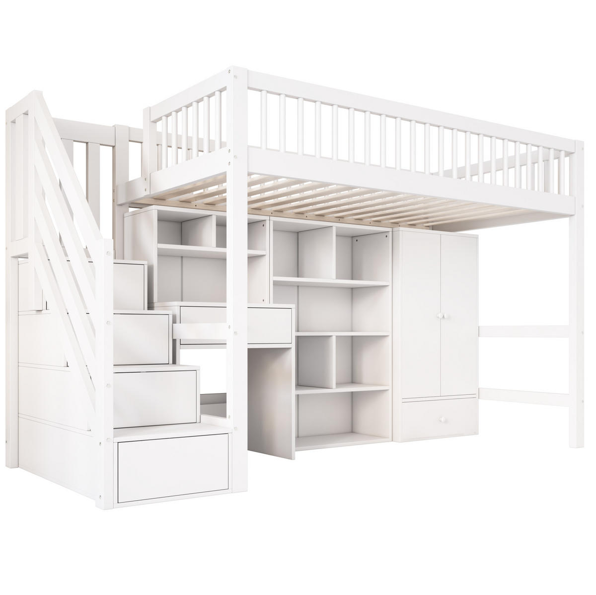 KINDEREINZELBETTEN aus Massivholz & MDF 90x200 cm in Weiß mit Schreibtisch & Treppe - Weiß, Holz (90/200cm) - Modfu