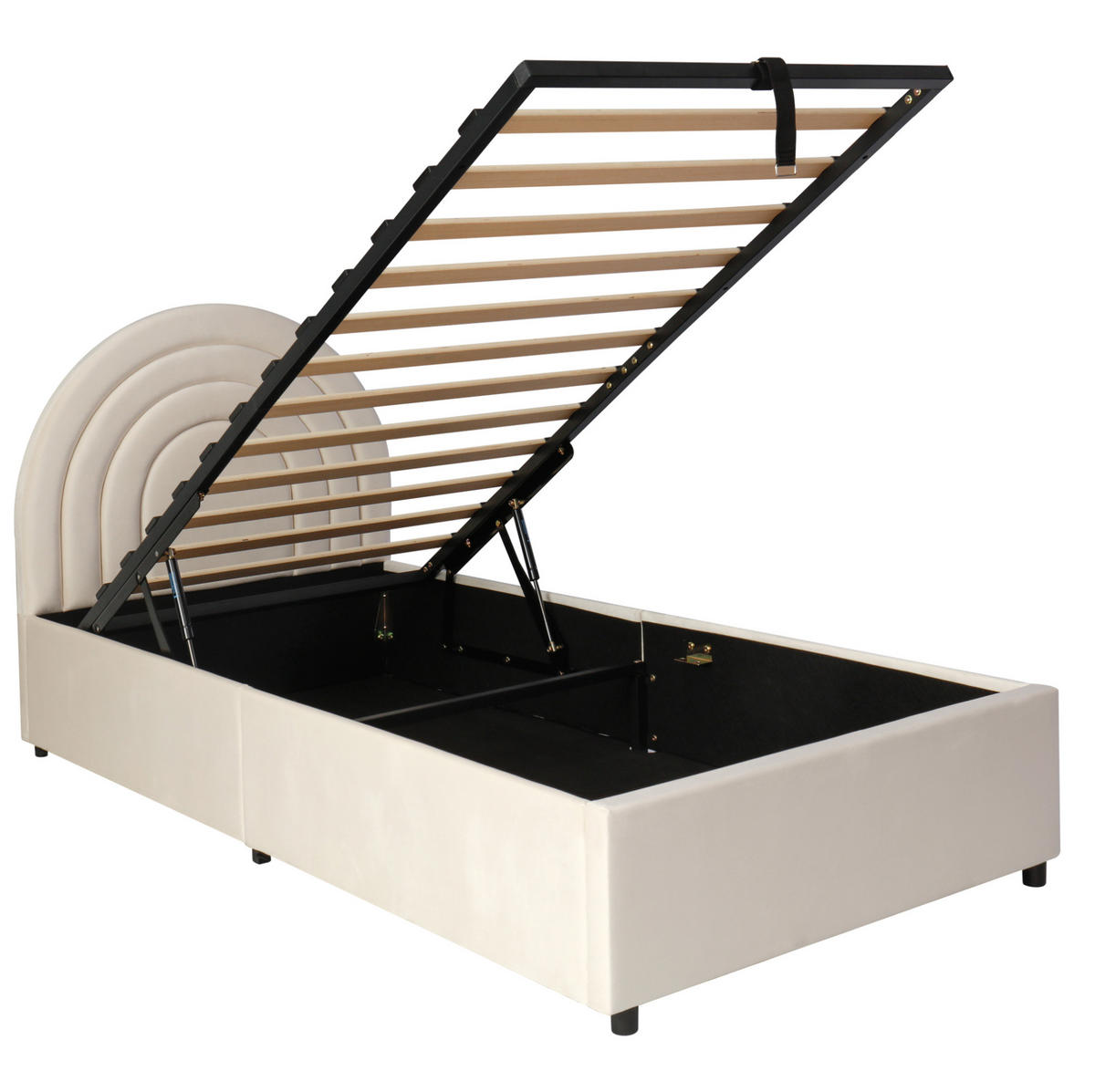 POLSTERBETT 90/200 cm beige aus Samt mit Stauraum und Kopfteil - Beige, Holzwerkstoff (90/200cm) - OKWISH