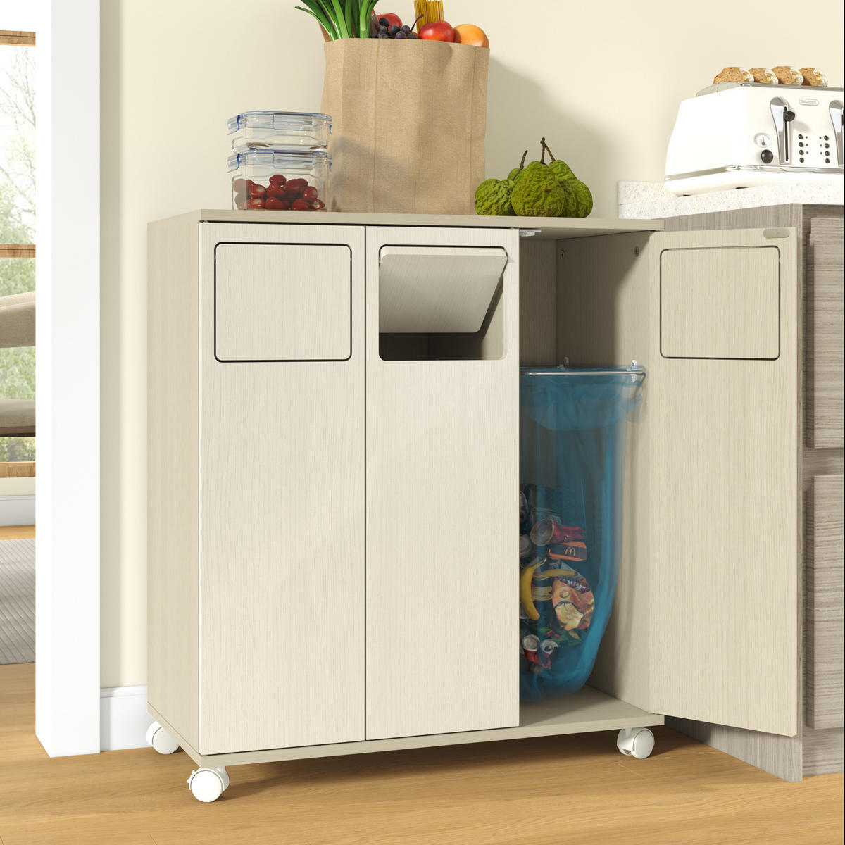 MÜLLSCHRANK DE-38851 69,3/35/80 cm 3 Fächer und Rollen Creme - Creme, Holzwerkstoff (69.3/80/35cm) - ComfortXL
