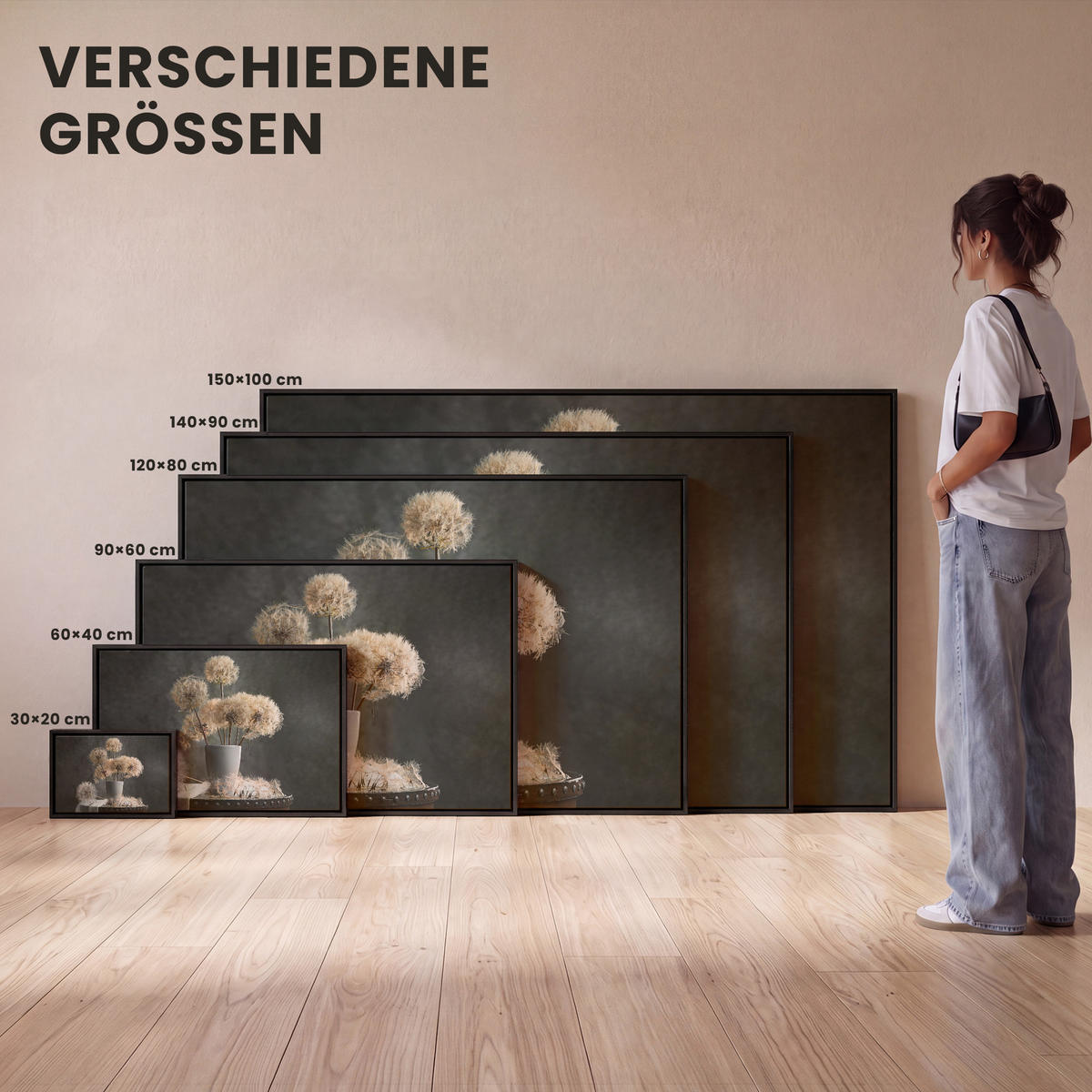 LEINWAND Bilder mit Rahmen - Blumensamen - Löwenzahn - Vase - Stilleben - Blumenstrauß - 150x100 - Dunkelgrau, Textil (150/100cm) - MuchoWow
