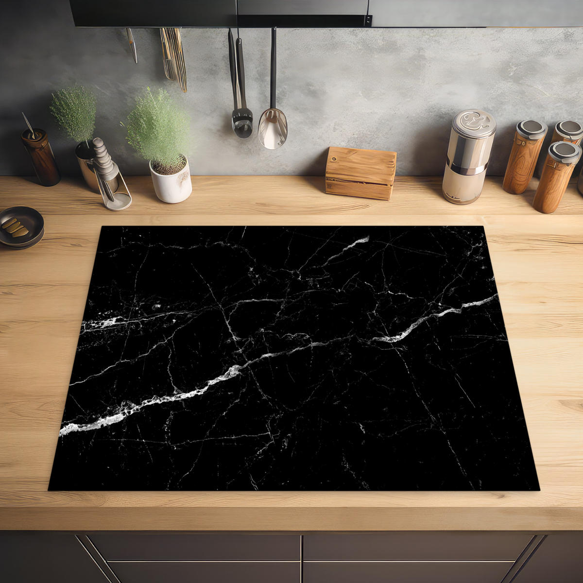 HERABDECKPLATTE - Marmoroptik - Schwarz - Luxus - 80x55 - Grau, Kunststoff (80/55/0.2cm) - MuchoWow