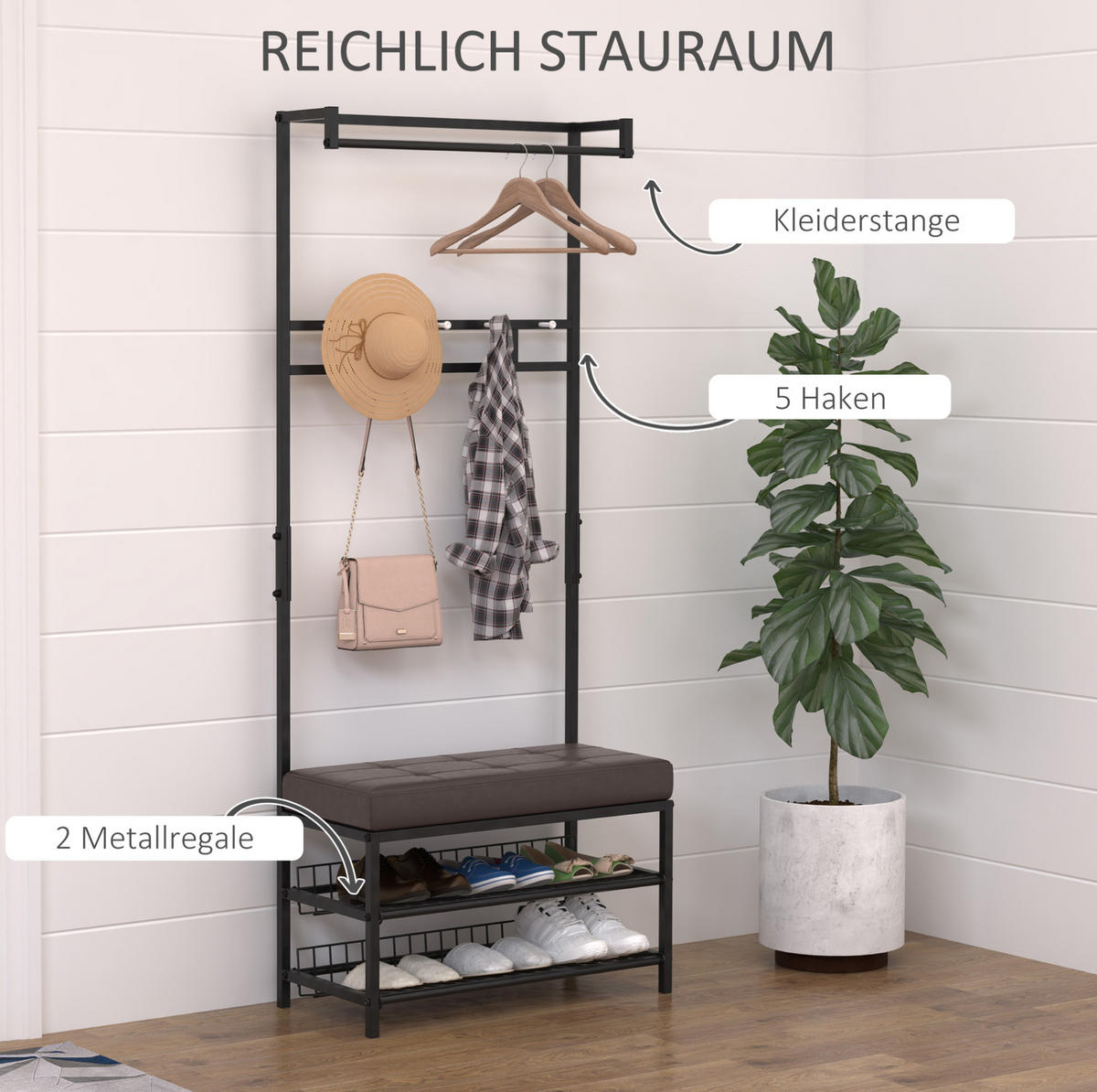 GARDEROBENSTÄNDER mit Bank 72,5x35x180 cm Metall Schwarz - Schwarz, Metall (35/180/725cm) - Beauniv