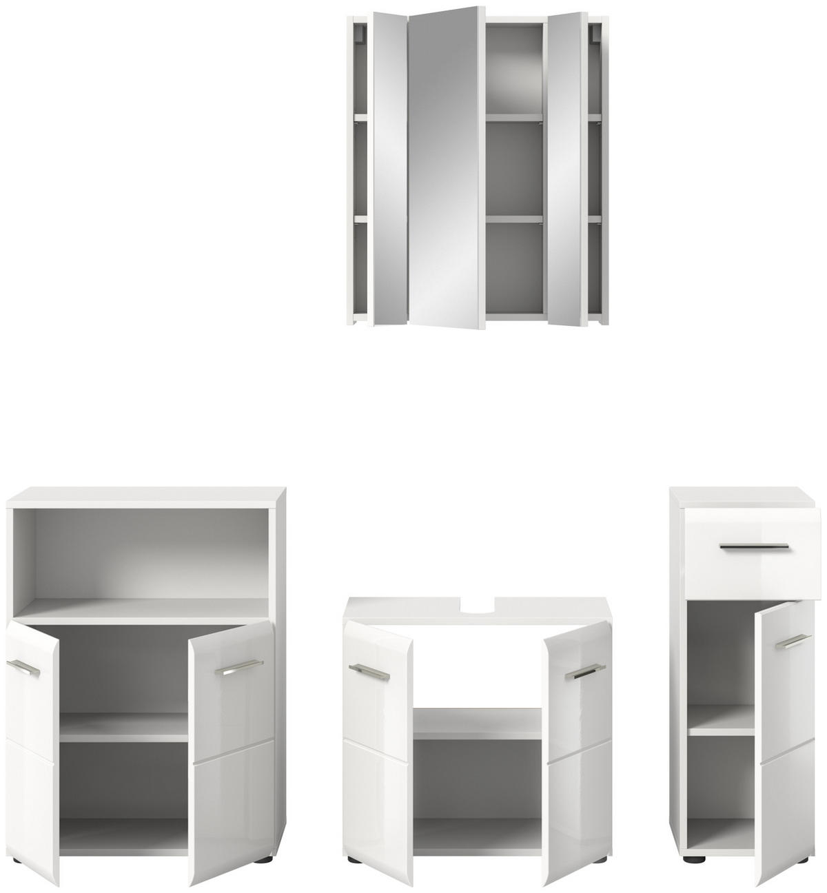 BADMÖBEL-SET weiß Hochglanz, Badkombination 4-teilig 180 cm - Weiß Hochglanz/Silberfarben, Glas/Holzwerkstoff (180/185/30cm) - Inn.Furn