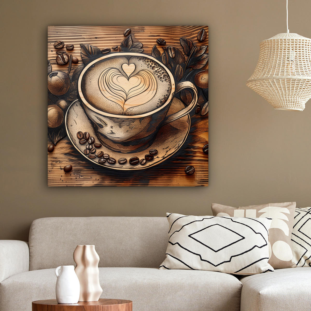 LEINWANDBILD Kaffee - Vintage - Braun - Tasse - Holz 90x90 cm - Braun, Textil (90/90cm) - MuchoWow