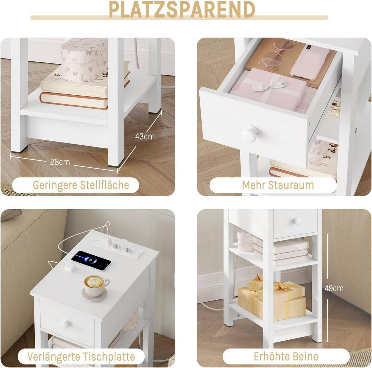 NACHTTISCH mit Ladefunktion, 2 Steckdosen, 2 USB-Anschlüssen - Weiß, Holzwerkstoff (30/65/45cm) - Woltu