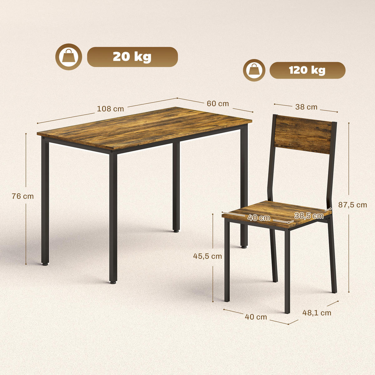ESSGRUPPE mit Tisch und 4 Stühlen, Küchentisch mit Stühlen für 4 Personen, Metallbeine, rustikales Braun - Naturfarben, Metall (108/76/60cm)
