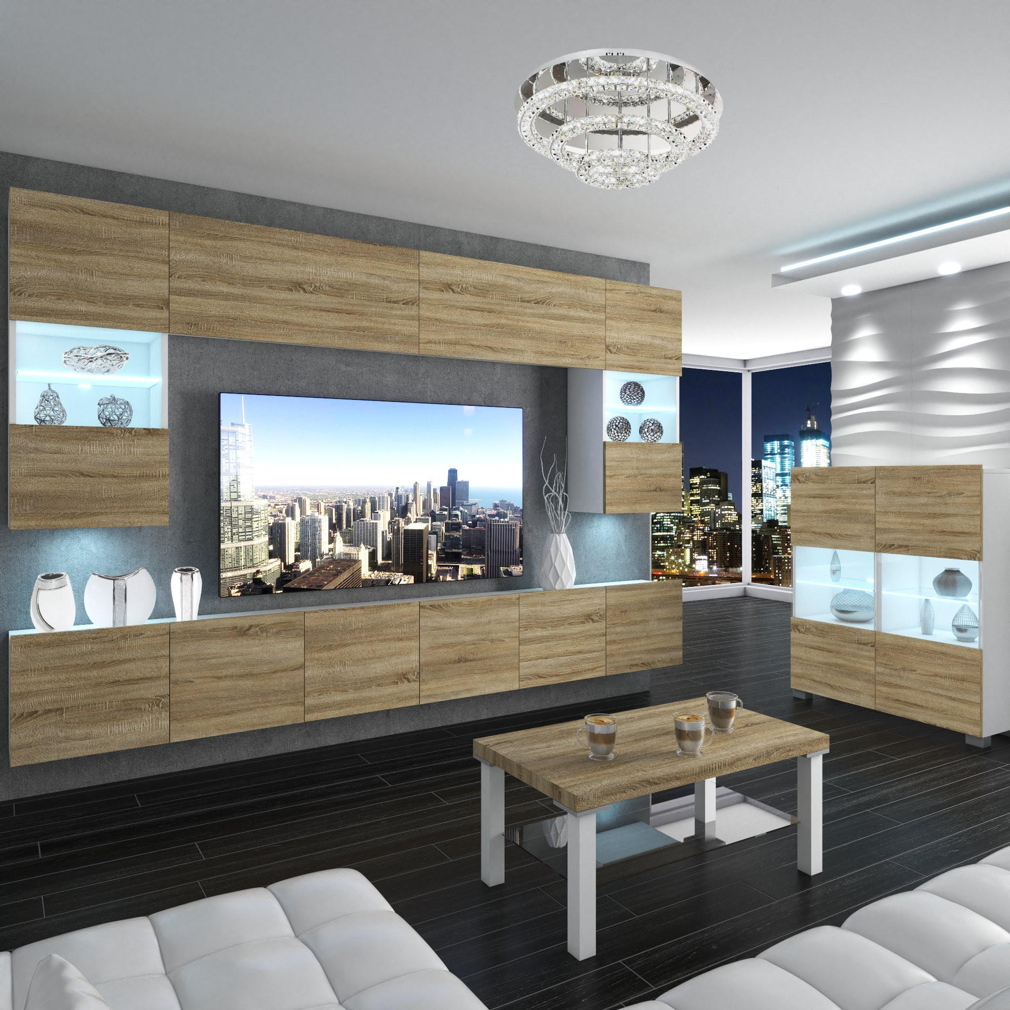 VITRINE Hochschrank mit LED-Leuchten, Sonoma Eiche - Eschefarben, Holz (100/115/36cm) - B BELINI GROUP