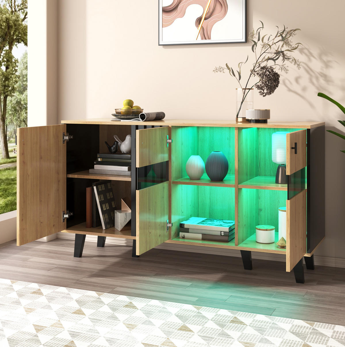 SIDEBOARD 140/41/78,5 cm in Natur/Schwarz mit 3 Türen und LED-Beleuchtung - Naturfarben, Holzwerkstoff (140/78/41cm) - Flora Grace