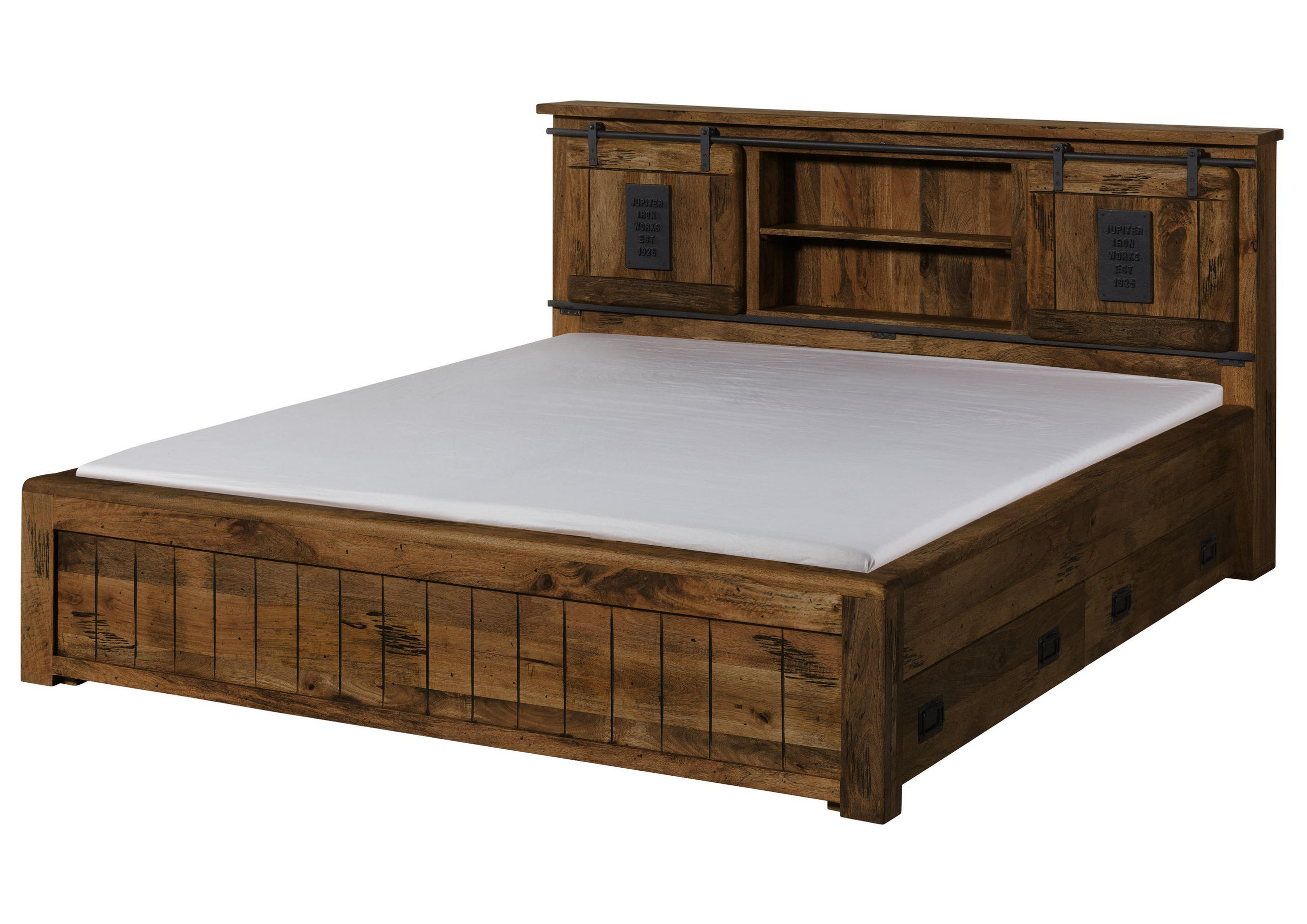HOLZBETT mit Schublade Mango 200x200 braun lackiert RAILWAY #473 - Braun, Holz (200/200cm) - Massivmoebel24