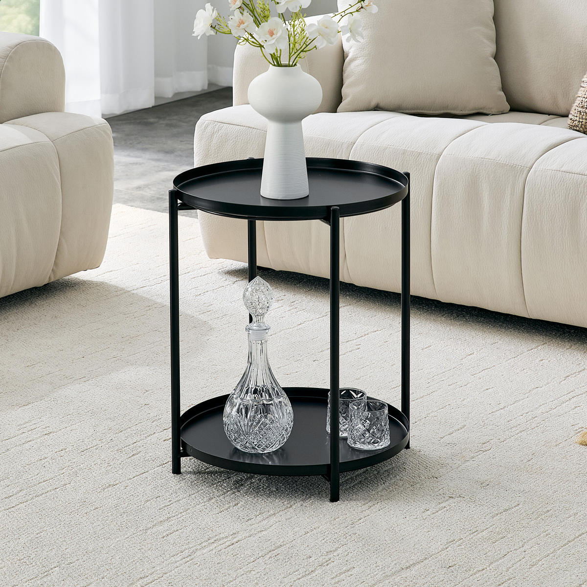 BEISTELLTISCH Schwarz mit 2 Ablagen 42/42/52 cm - Schwarz, Metall (42/42/52cm) - PANGIVO