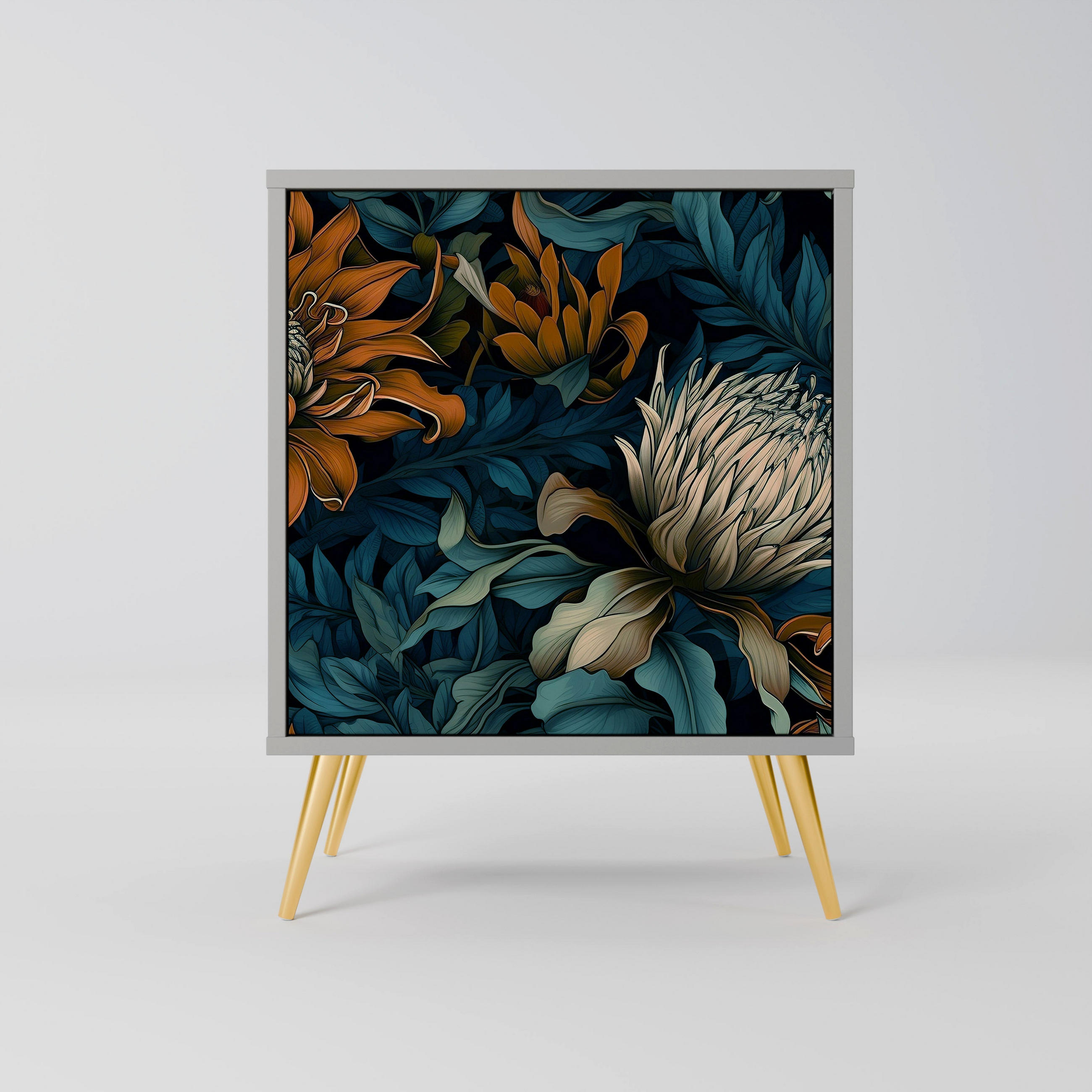 SIDEBOARD MORNING BLOOM, Grau, 57,5x42x75,5 cm, Goldfarbene Metallfüße - Goldfarben/Multicolor, Holzwerkstoff/Metall (57.5/75.5/42cm) - SpaceRebels