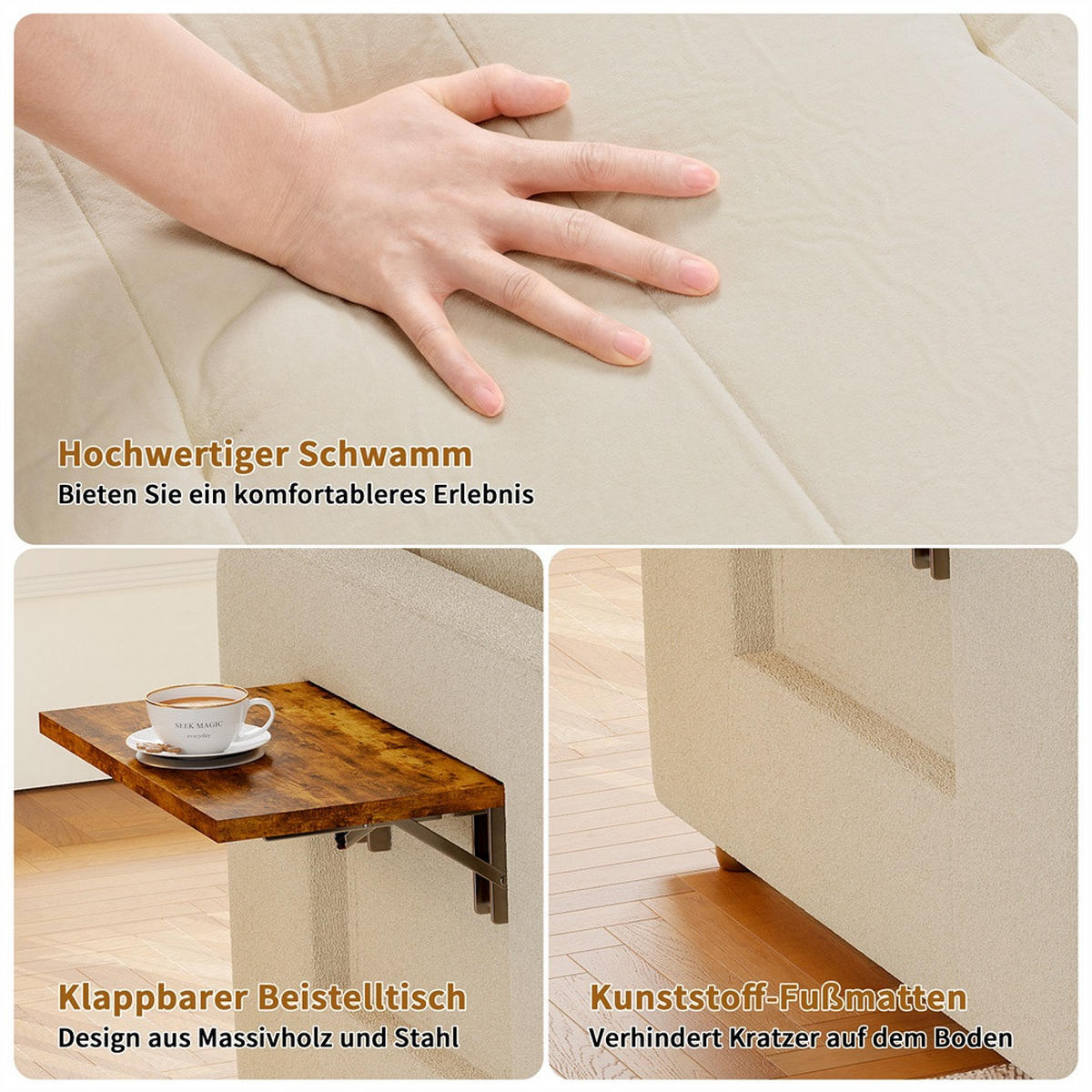 SCHLAFSESSEL mit klappbarem Ablagetisch und Seitentasche - Beige - Beige, Textil (85/86/108cm) - DELFA