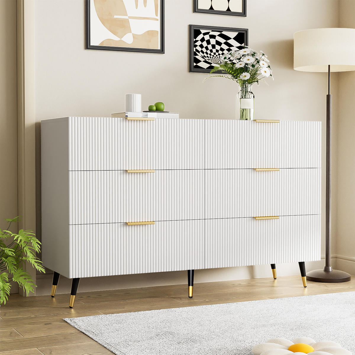 KOMMODE in Weiß und Gold mit modernem Design und 6 Schubladen für Wohnzimmer, B120/T40/H77 cm - Schwarz/Weiß, Holzwerkstoff (120/77/40cm) - STILVORA