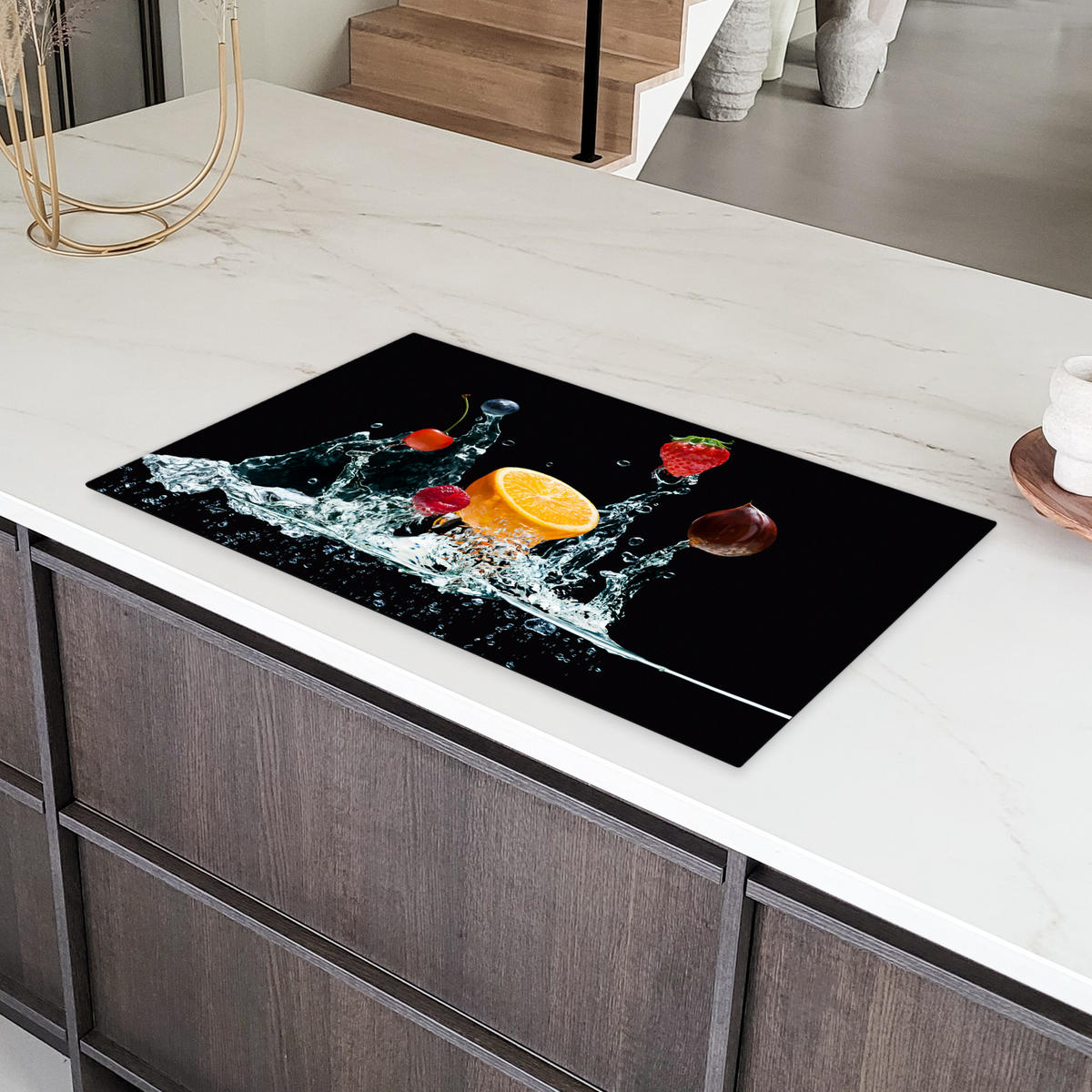 HERDABDECKPLATTE Wasser - Obst - Orange - Erdbeere - Kirsche - Schwarz 90x52 cm - Orange, Kunststoff (90/52/0.2cm) - MuchoWow