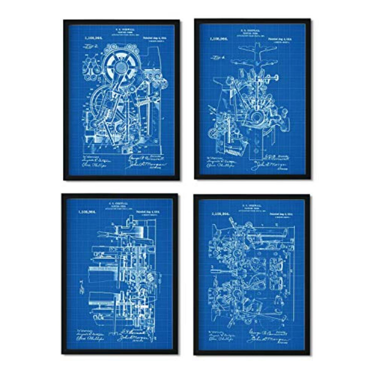 POSTER Set mit 4 Blau Druckerei Patent A4 Schwarzer Rahmen - Schwarz, Papier (29.7/3cm) - Nacnic