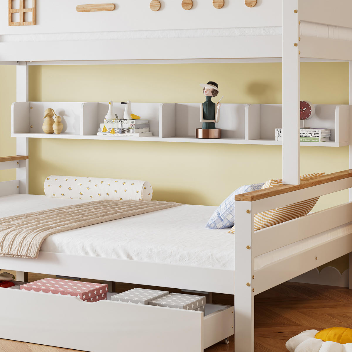 ETAGENBETT 90/200+140/200 mit 2 Schubladen, offenem Regal und Fenster-Geländer in Weiß und Natur - Weiß, Holz (90/200cm) - EVRYAE