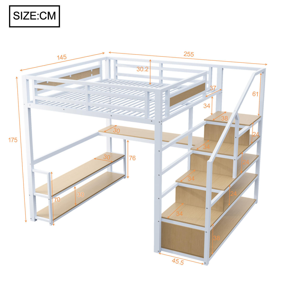 HOCHBETT 140/200 cm Weiß Metall mit Regalen und Tisch aus MDF - Weiß, Metall (140/200cm) - OKWISH