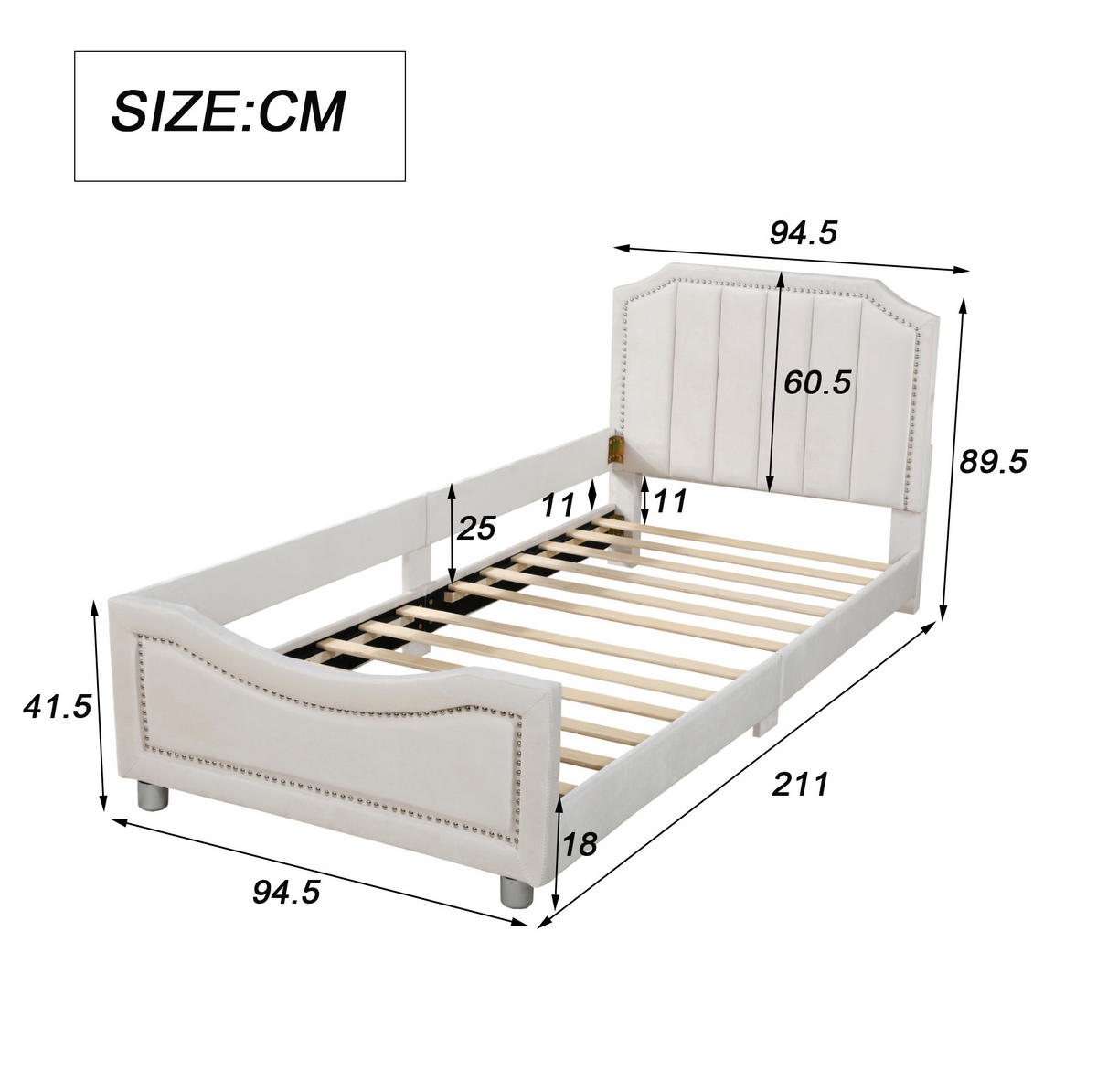 KINDER-POLSTERBETT aus Flanell 90x200 cm Beige mit Rückenlehne und Lattenrost - Beige, Holz (90/200cm) - IVMEU