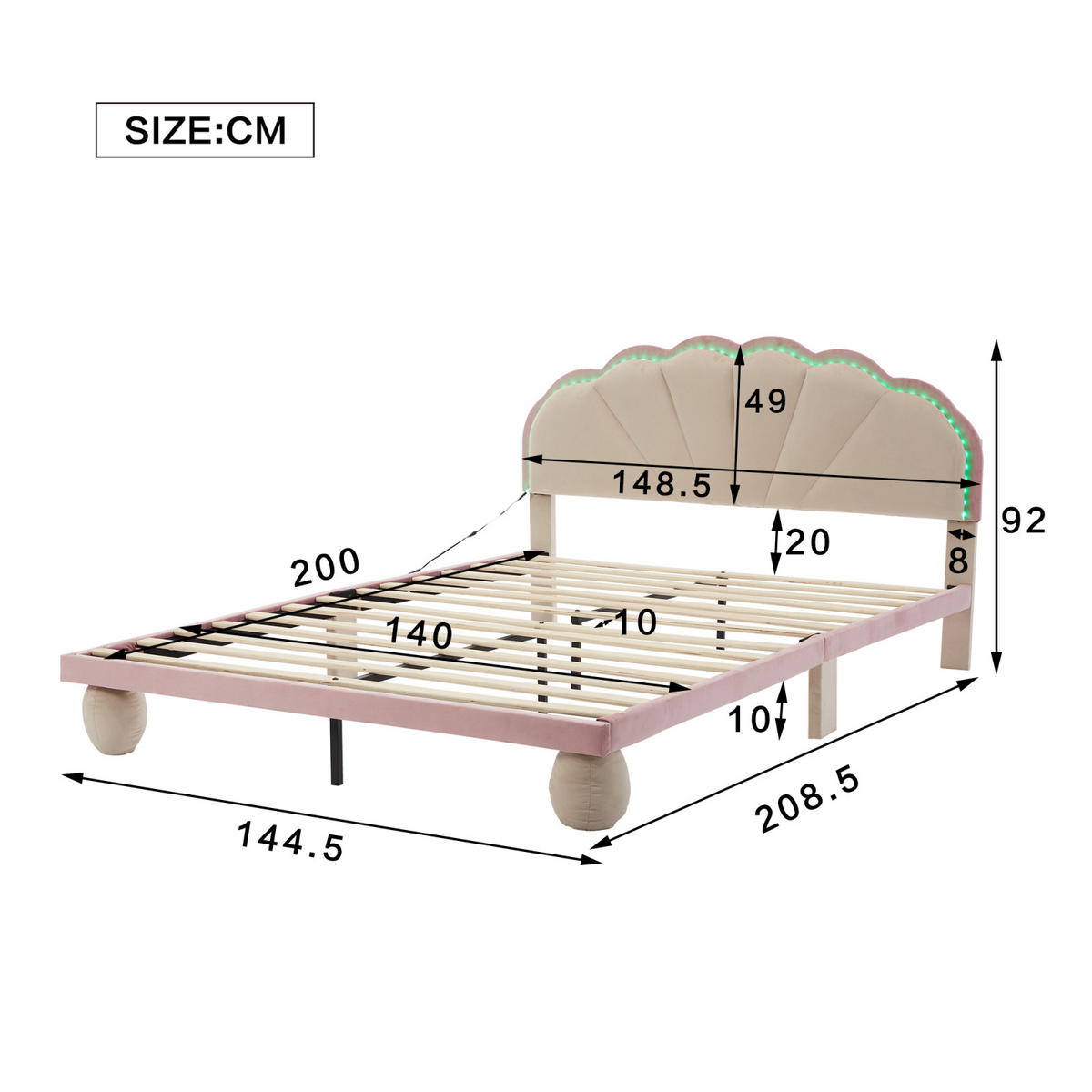 POLSTERBETT 140x200 cm mit LED, Lattenrost, Rosa - Rosa, Holz (140/200cm)
