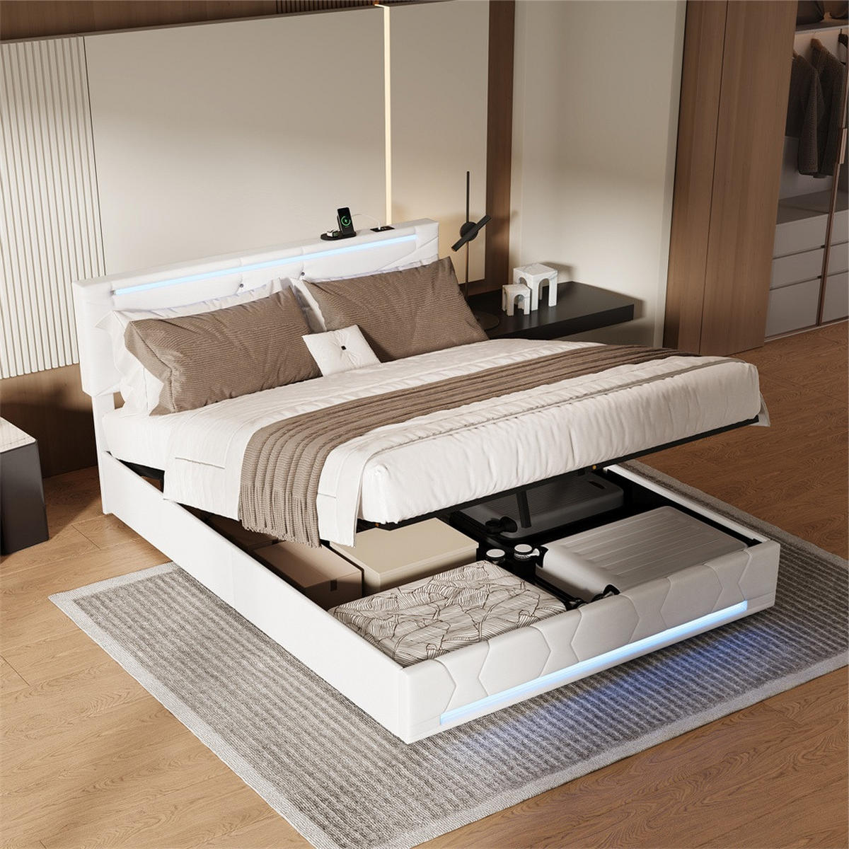 POLSTERBETT 140x200 cm mit LED-Beleuchtung&USB-Ladefunktion -höhenverstellbarem Kopfteil und hydraulischem Stauraum - Beige, Textil (140/200cm) - DELFA