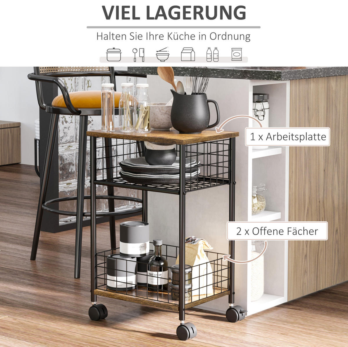 KUCHYŇSKÝ vozík 40/30/62 cm se 4 kolečky, pracovní deskou a košem v industriálním stylu, Hnědá - hnědá, kompozitní dřevo (40/62/30cm) - Redom