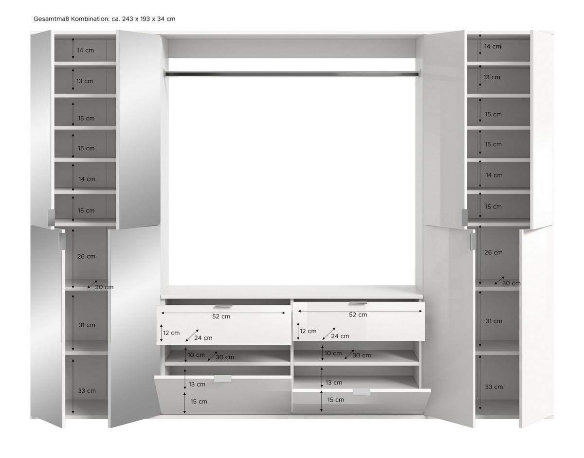 GARDEROBENKOMBINATION 4tlg. Projekt X Garderobe in Artisan Eiche Nachbildung B/H/T: 243x193x34 cm - Eiche Artisan, Holzwerkstoff (243/193/34cm)