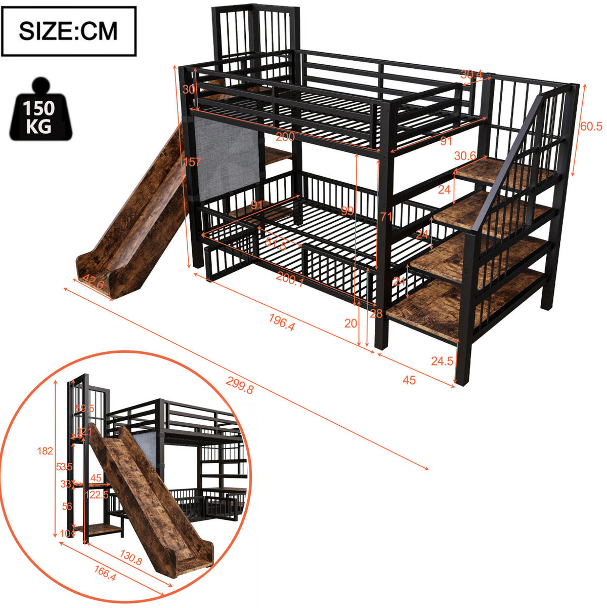 HOCHBETT 90/200 cm mit Rutsche, Stauraumtreppe und Regalen, Schwarz - Schwarz, Holzwerkstoff (90/200cm) - Redom