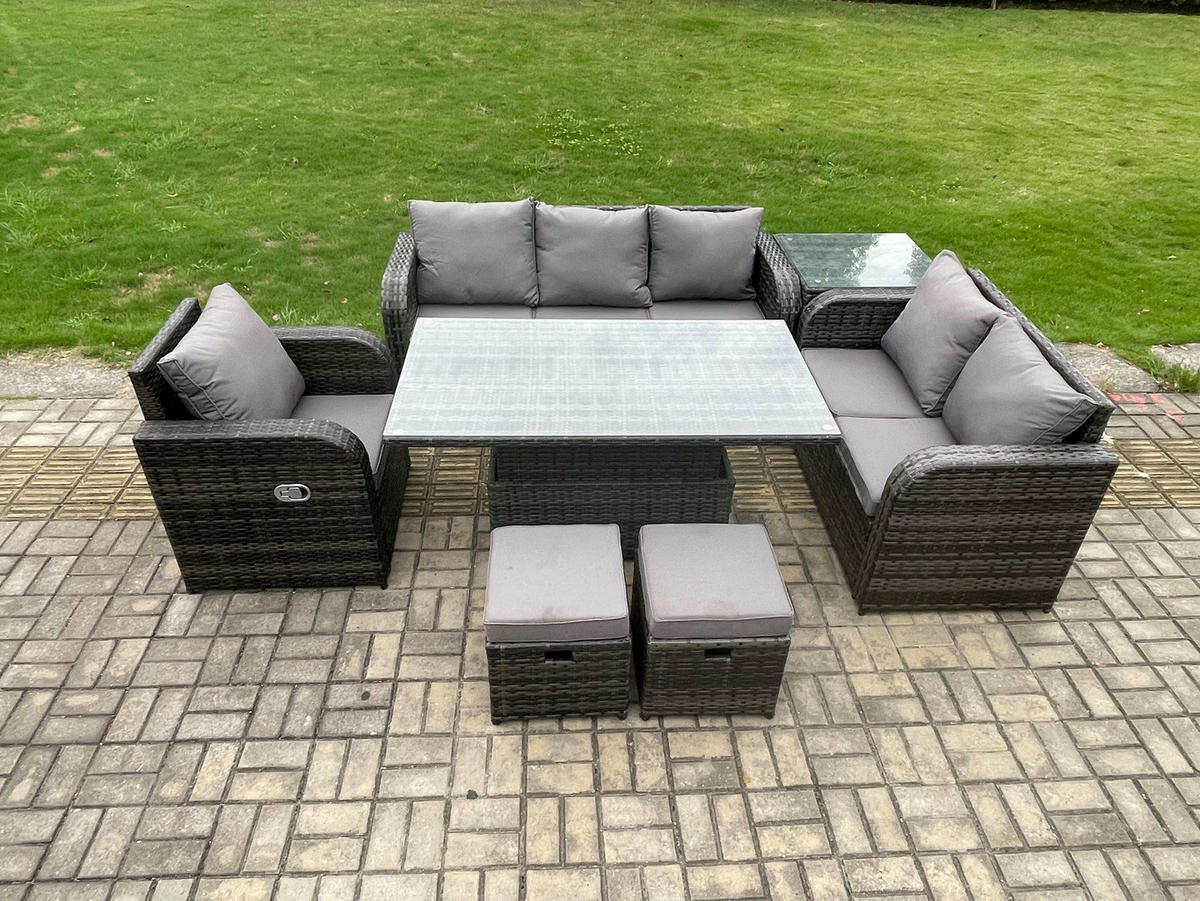 GARTENMÖBEL SET mit Höhenverstellbarer Esstisch 3-Sitzer Sofa, Stuhl 8-Sitzer Grau - Dunkelgrau/Grau, Glas/Kunststoff - Fimous