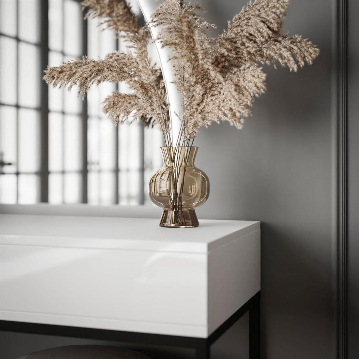 SCHMINKTISCH schwarz/weiß Hochglanz QUINNIE mit LED-Spiegel rechts PUSH OPEN - Weiß Hochglanz/Schwarz, Holzwerkstoff (100/176/42cm) - Lookway