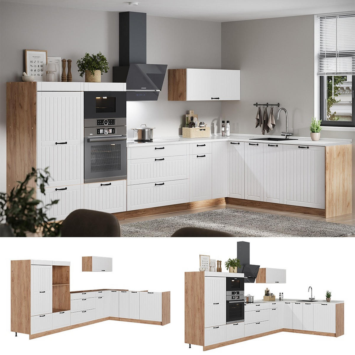 KUHINJA U OBLIKU SLOVA L Fame-Line, Bijela Seoska/Hrast zlatnog tona, 347 x 207 cm, RP Antracit - bijela/hrast medunac, drvni materijal (347/153.6/60cm) - Vicco