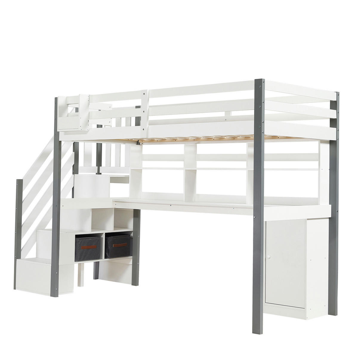 HOCHBETT 90/200 cm weiß aus Massivholz mit Schreibtisch und Stauraumtreppe - Weiß, Holz (90/200cm) - OKWISH