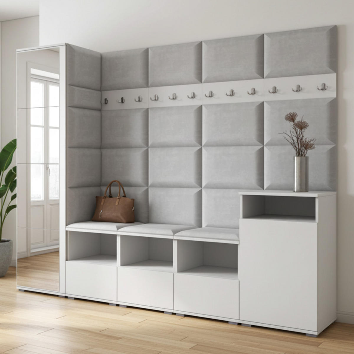 GARDEROBE NELA XI 250 cm (Modulare Flurmöbel Weiß mit Spiegel & Sitzpolster Hellgrau 32 Großes Set) - Silberfarben/Hellgrau, Holz/Holzwerkstoff (250/187/40cm) - Ravio
