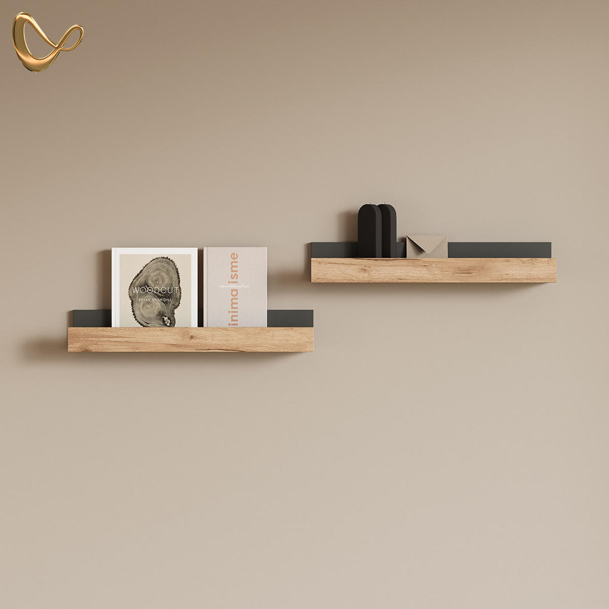 WANDREGAL Lorena Anthrazit/Goldkraft Eiche 60 x 10 cm 2er Set - Anthrazit, Holzwerkstoff (60/10/12cm) - Livinity®