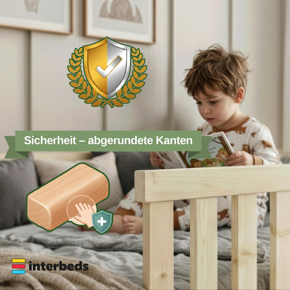 BODENBETT Bella 120x200 mit Rausfallschutz & Lattenrost Kinderbett aus Holz - Naturfarben, Holz (120/200cm) - Interbeds