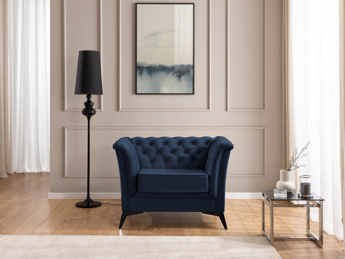 CHESTERFIELD-SESSEL Whitby Marineblau Samt mit schwarzen Füßen - Schwarz/Dunkelblau, Holz/Textil (116/78/82cm) - S-Style Möbel