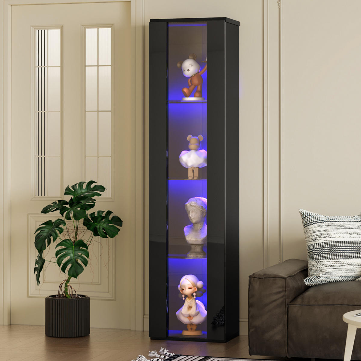 VITRINE mit Acrylglas 4 Ebenen LED Farbwechsel Fernbedienung/APP Spanplatte Transparent Design - Transparent/Schwarz, Glas/Holzwerkstoff (40/170/29cm) - EVRYAE