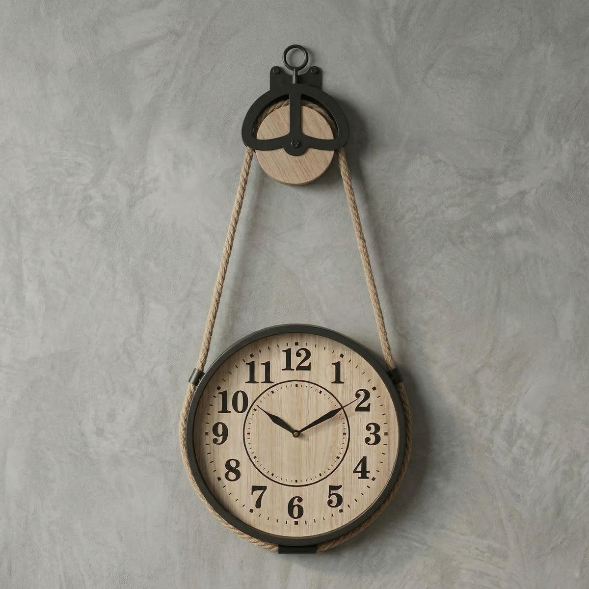 WANDUHR mit Juteseil Palo 27/31/73 cm - Schwarz, Metall (31/73/27cm) - SCENA LIVING