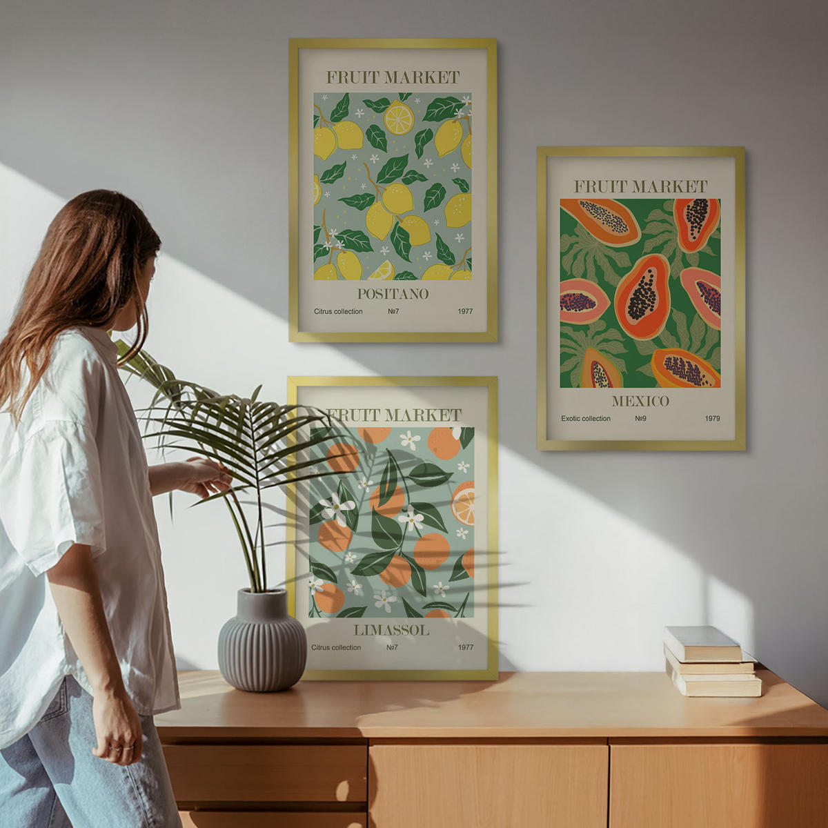 WANDBILDER 3er Set - 40x60 cm Goldrahmen - Fruchtposter Zitronen Papayas - Goldfarben, Kunststoff (40/60cm) - ArtPrintCave